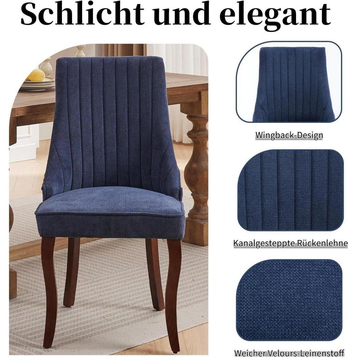 ESSZIMMERSTÜHLE 4er Set Stoff Blau mit Channel-Steppung und Massivholzbeinen - Blau, Textil (50/95.5/53.8cm)