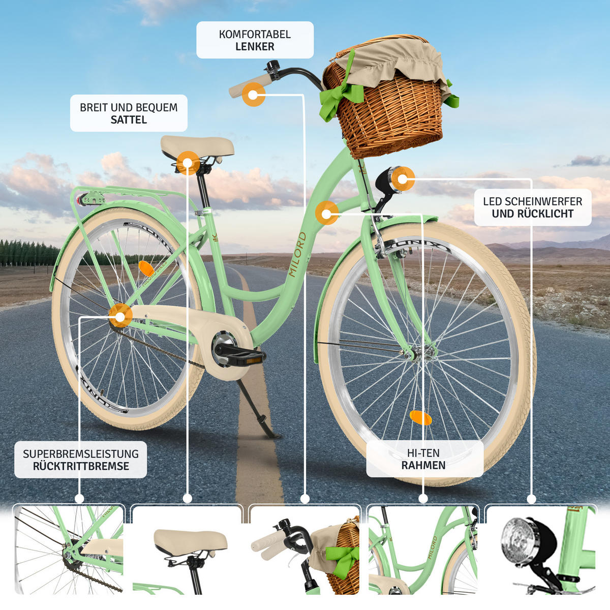 CITY-FAHRRAD Milord mit Weidenkorb, 28 Zoll, Mintze, 1-Gang - Creme/Grün, Metall (46cm) - Milordbikes