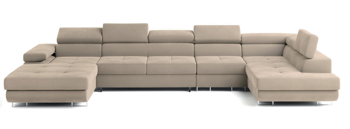 WOHNLANDSCHAFT VELORA R-S Creme Velours-Stoff mit Schlaffunktion - Creme, Holz (419/90/202cm) - MASSENO