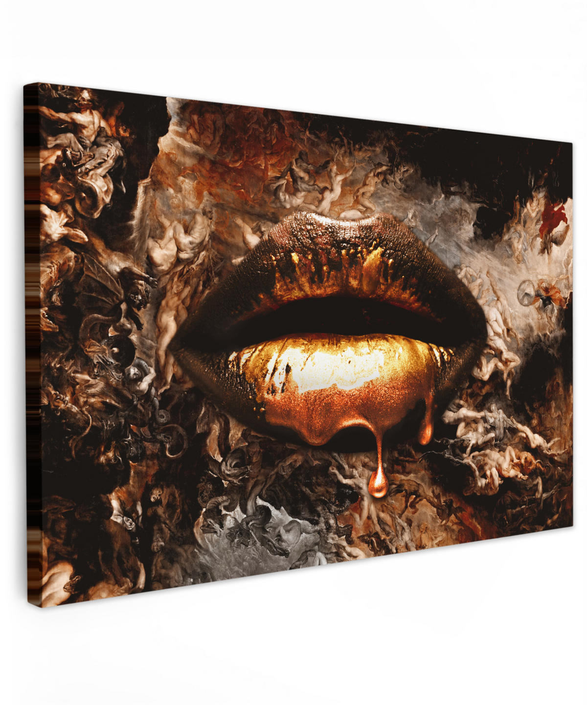 LEINWANDBILD Gold - Lippen - Kunst - Gold - Luxus - Abstrakt Wohnzimmer 120x80 cm - Bronzefarben, Textil (120/80cm) - MuchoWow