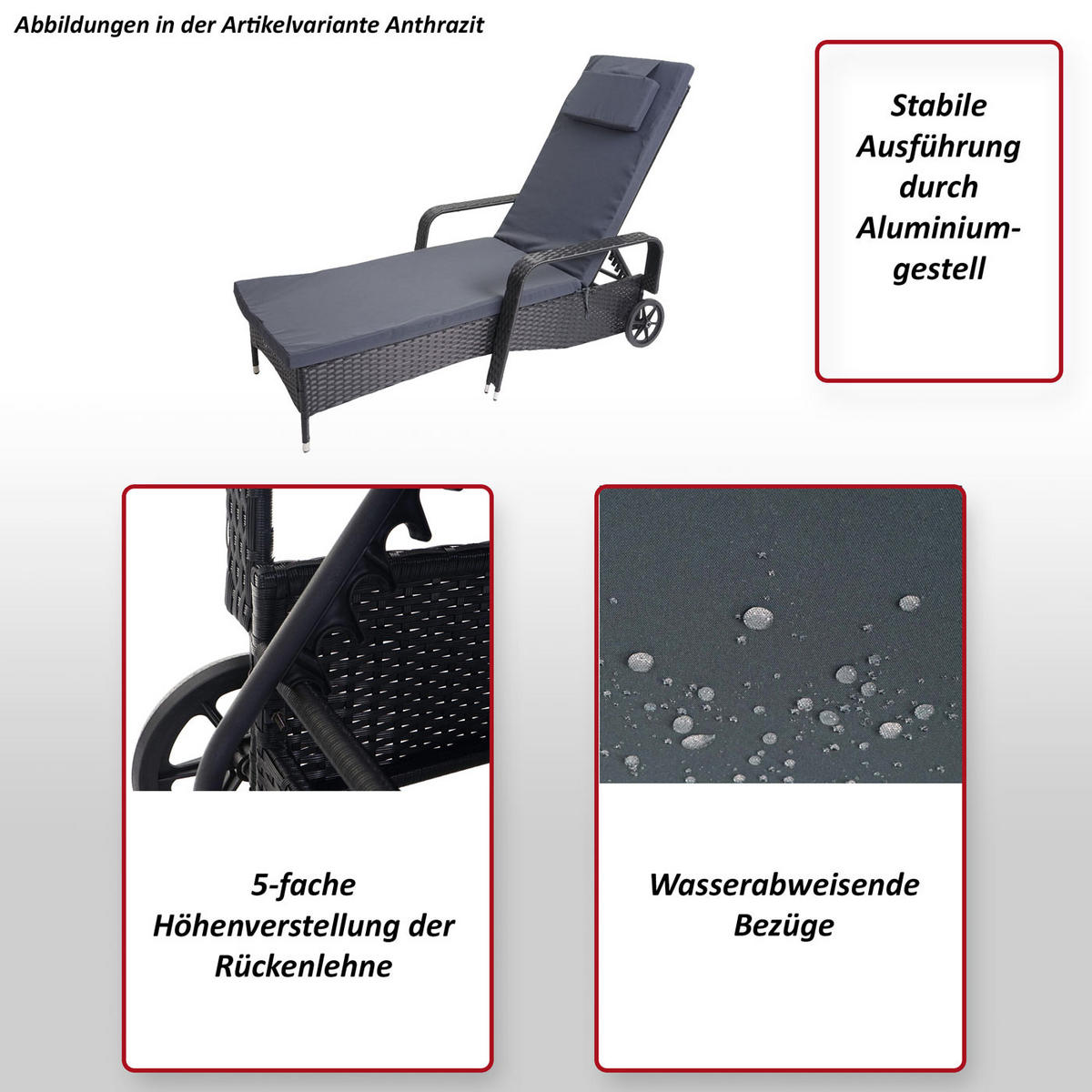 POLY-RATTAN SONNENLIEGE Grau, Grau - Grau, Kunststoff (71/108/197cm) - MCW