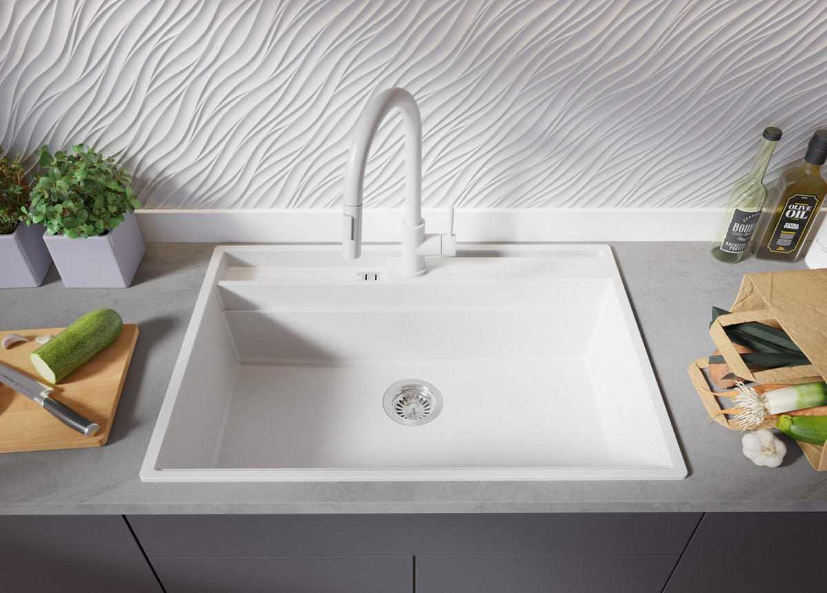 GRANITSPÜLE Oslo Pocket, 2-er set Weiß 78/53 cm 1 Becken + Küchenarmatur 40/20 cm + Ablauf-Set + Küchenzubehörset ab 80er Unterschrank - Chromfarben/Beige, Kunststoff (78/20/53cm) - Primagran