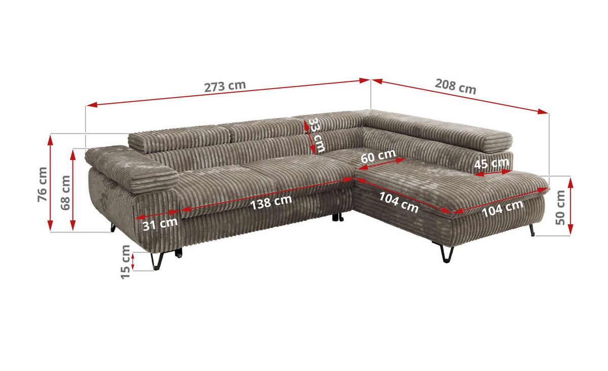 ECKSOFA PABLO L Grau Cord - Links Seite - Schwarz/Grau, Textil/Metall (208/273cm) - MKS