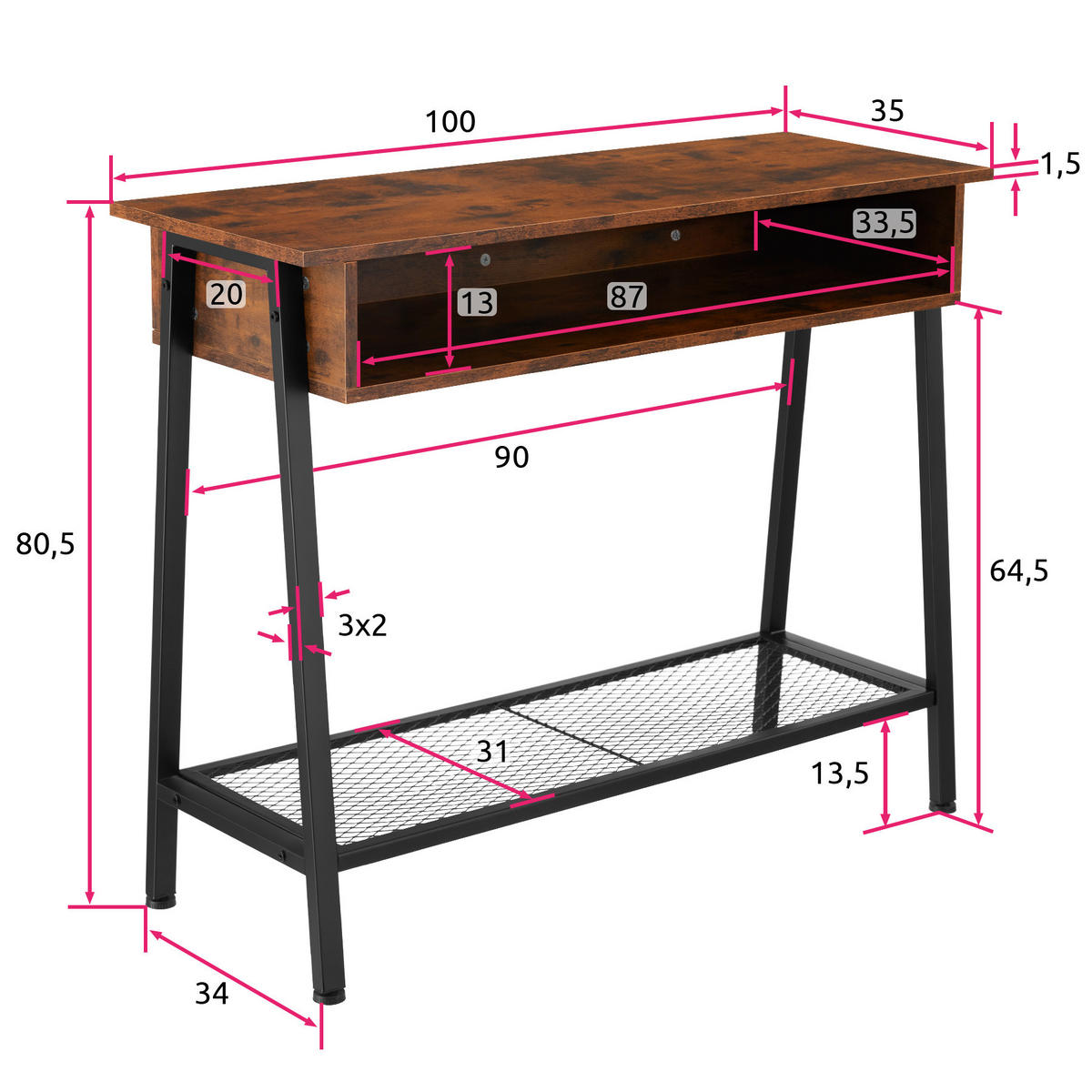 KONSOLENTISCH Tralee,100 x 35 x 80,5 cm,Industrial Holz dunkel, rustikal - Rostfarben, Holzwerkstoff (100/35/80.5cm) - tectake