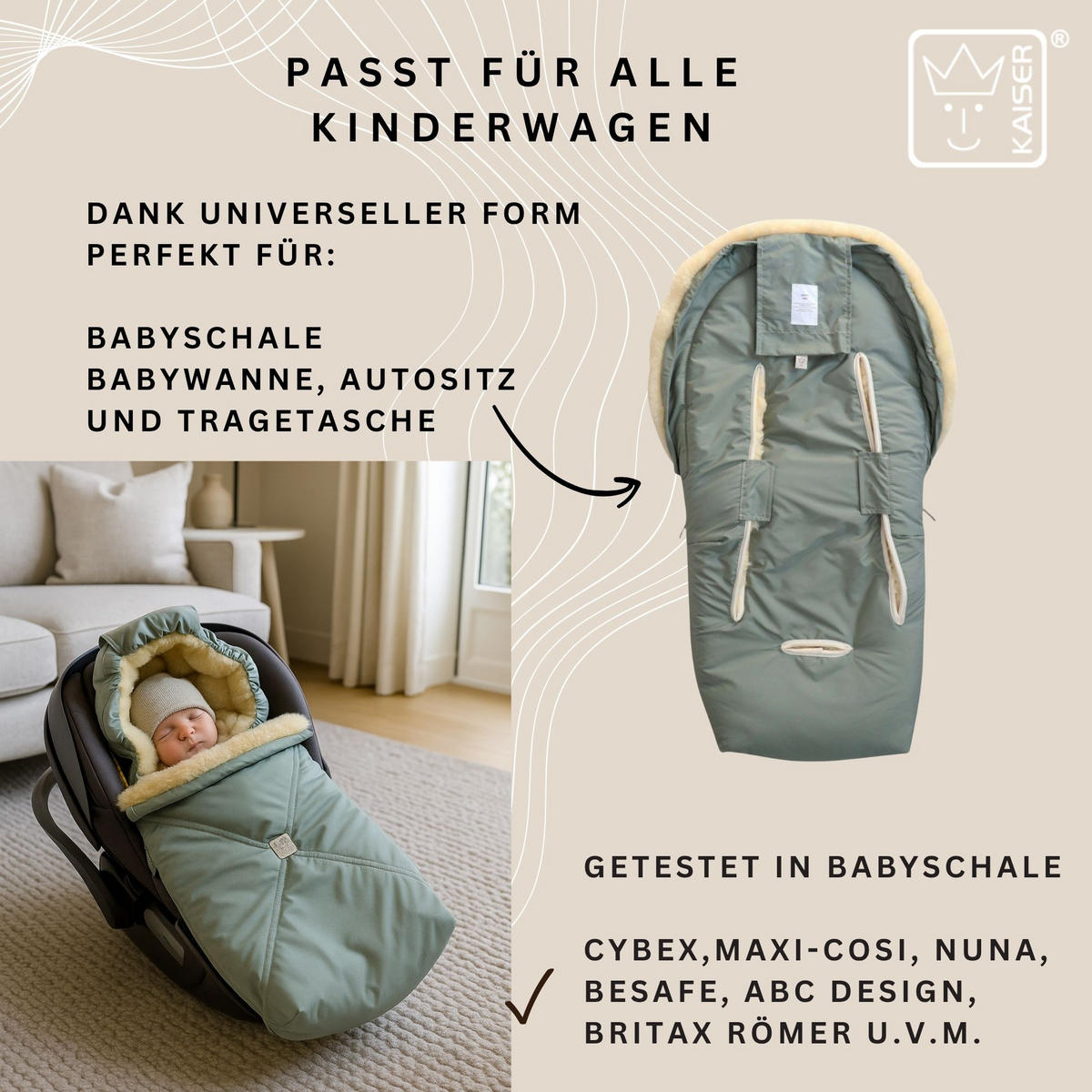 LAMMFELL-BABYSCHALENFUSSSACK Emmy, salbei green - Pastellgrün, Fell (37/10/80cm) - Kaiserbaby