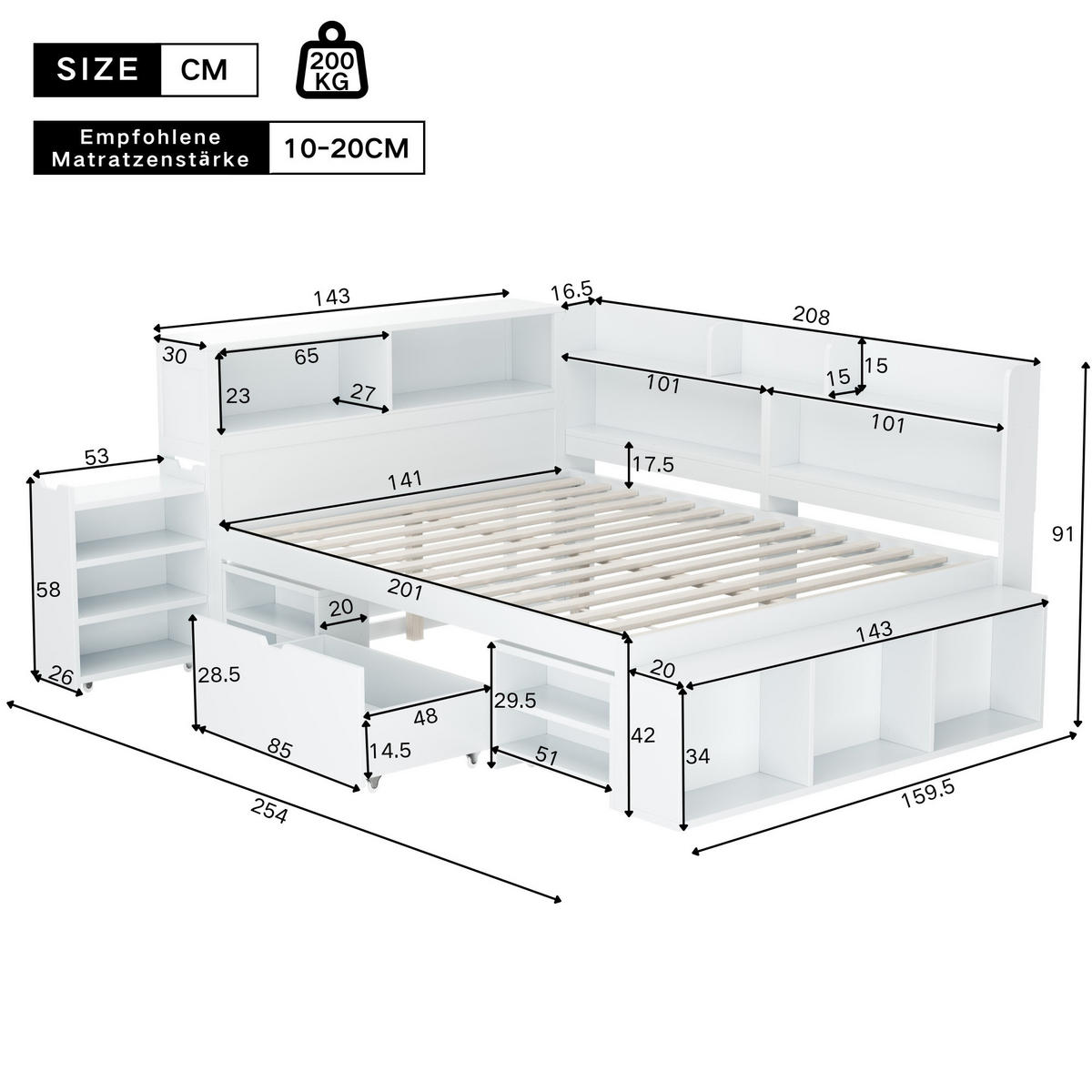 KINDERBETT 140x200cm Weiß Mit Schubladen Bücherregal & Schrank - Weiß, Holzwerkstoff (140/200cm) - FLIEKS
