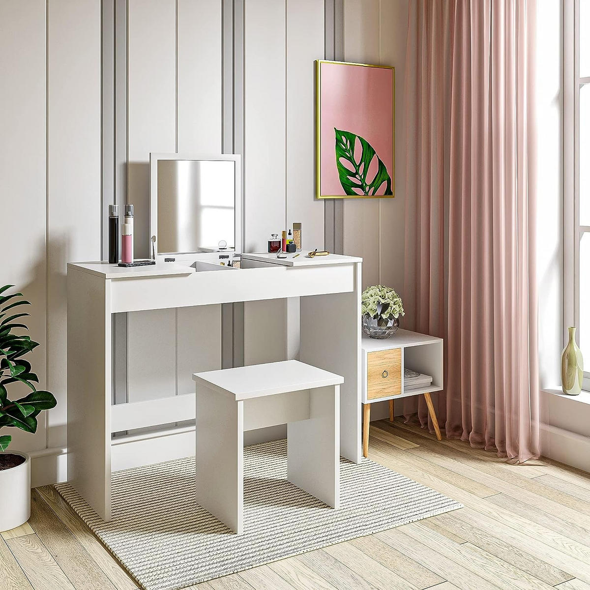 SCHMINKTISCH mit Hocker und klappbar Spiegel, Weiß - Weiß, Holzwerkstoff (100/76/45cm) - Woltu