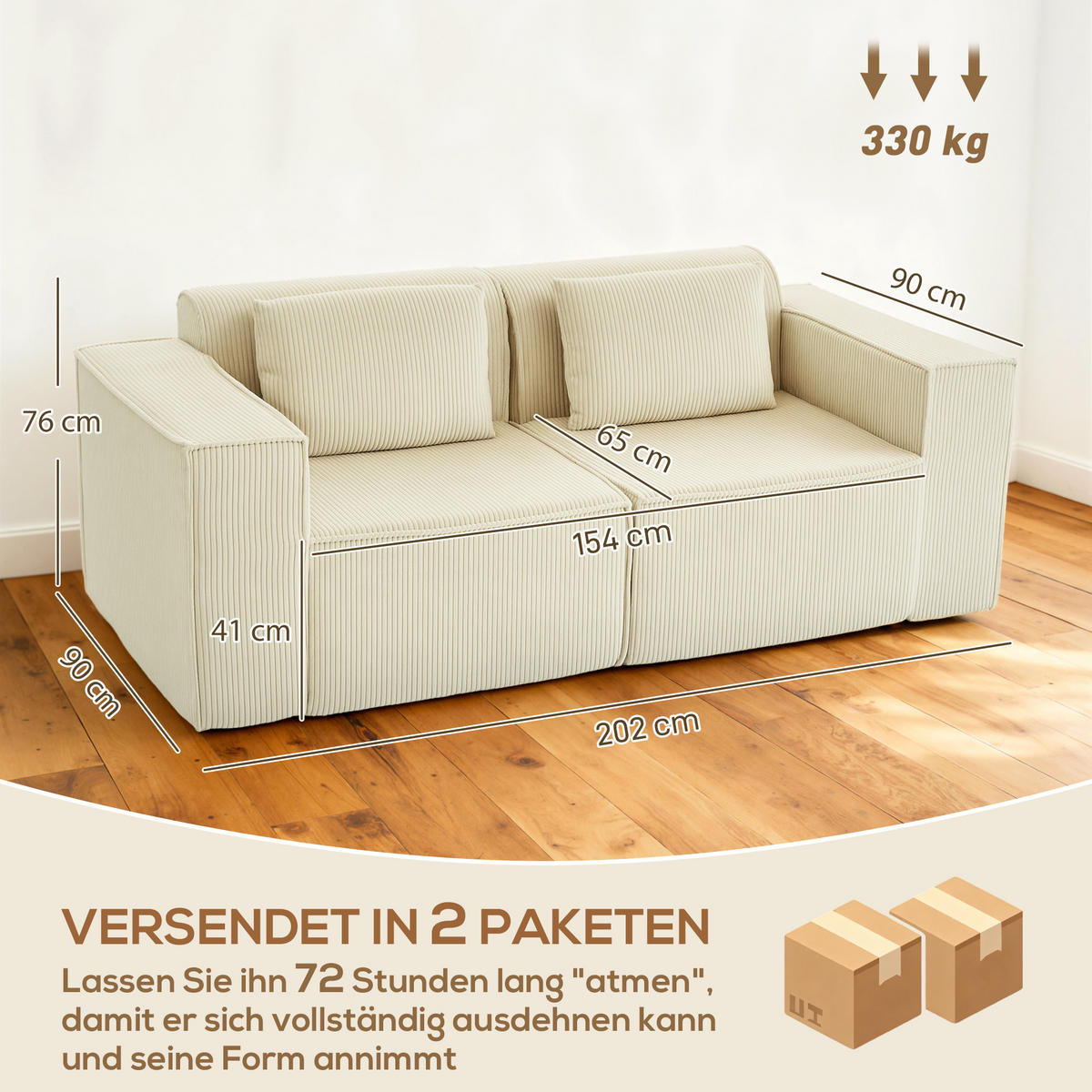 3-SITZER SOFA 202 cm Cloud-Couch ohne Gestell mit 2 Lendenkissen Beige - Beige, Textil (90/76/202cm) - HOMCOM