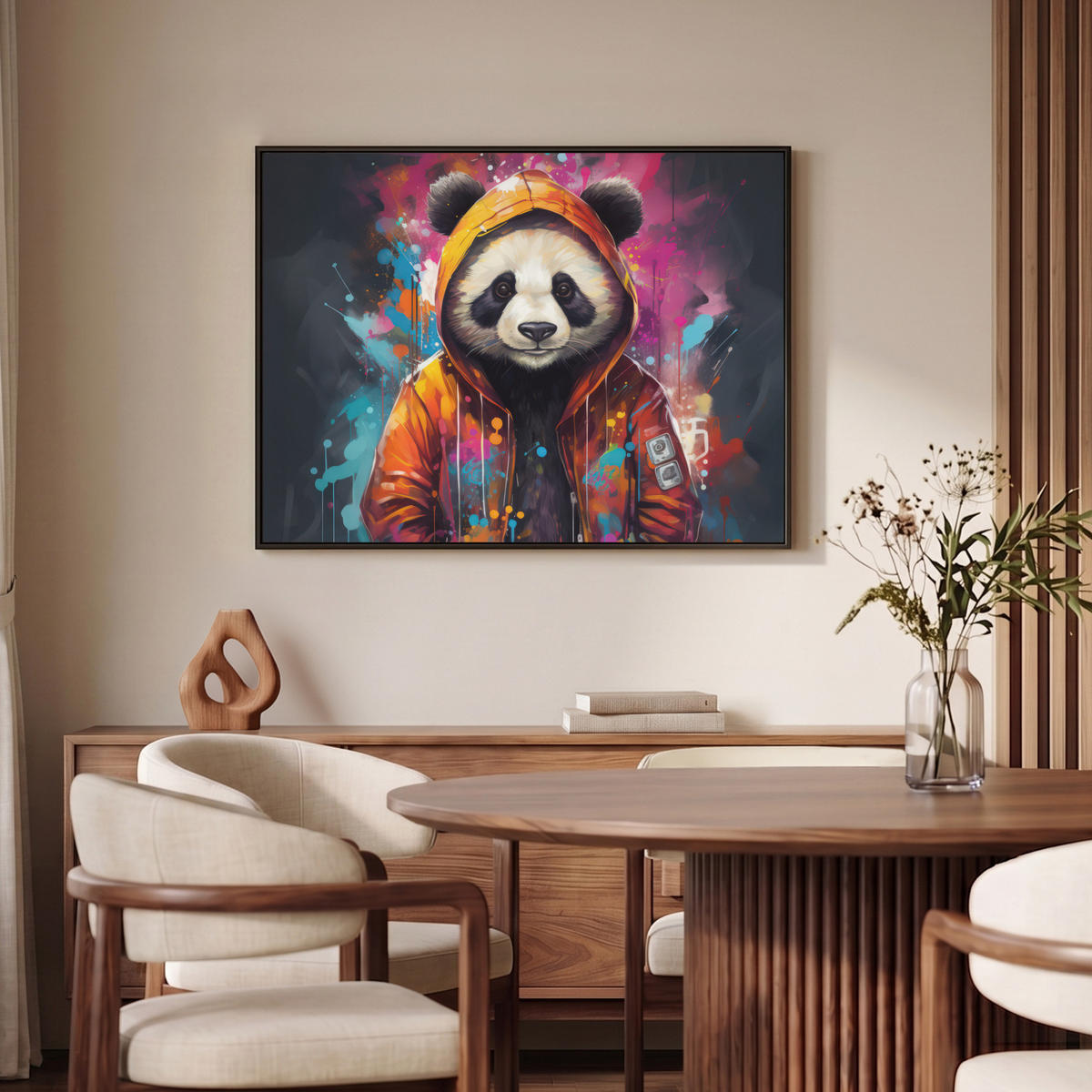 LEINWAND Bilder mit Rahmen - Panda - Jacke - Graffiti - Orange - 100x70 - Orange, Textil (100/70cm) - MuchoWow
