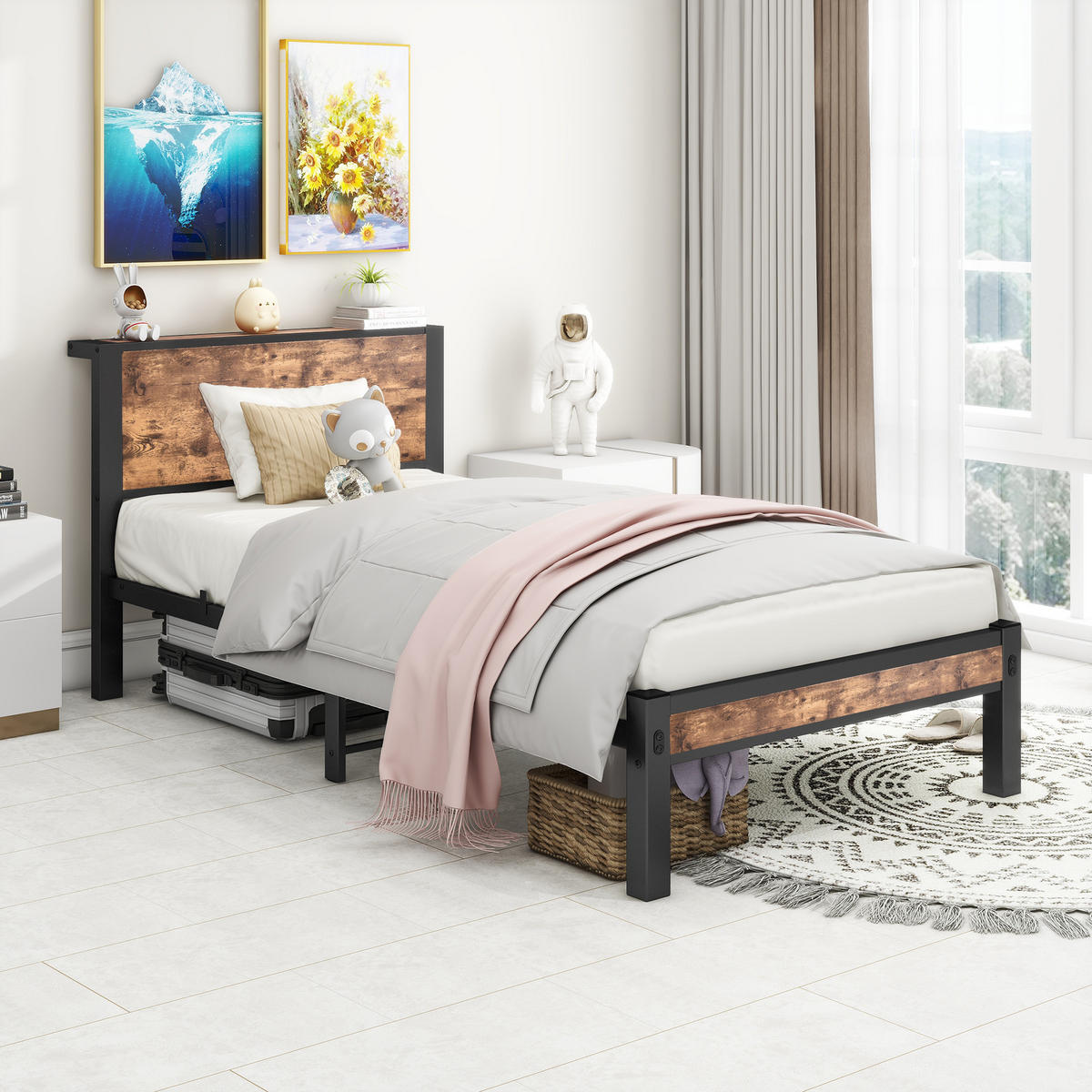 METALLBETT 90x200 cm Stauraum Kopfteil braun - Dunkelbraun, Holzwerkstoff (90/200cm) - LEBENLANG