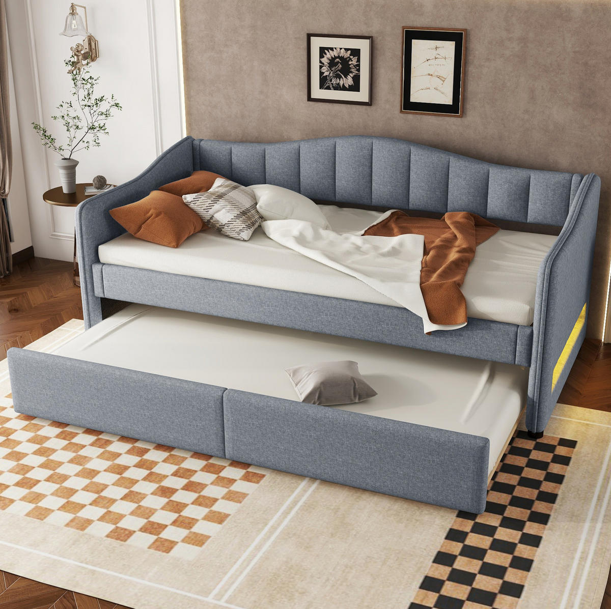 POLSTERBETT 90/200 cm mit LED-Beleuchtung und ausziehbarem Rollbett in Grau - Grau, Textil (90/200cm) - BEAOK