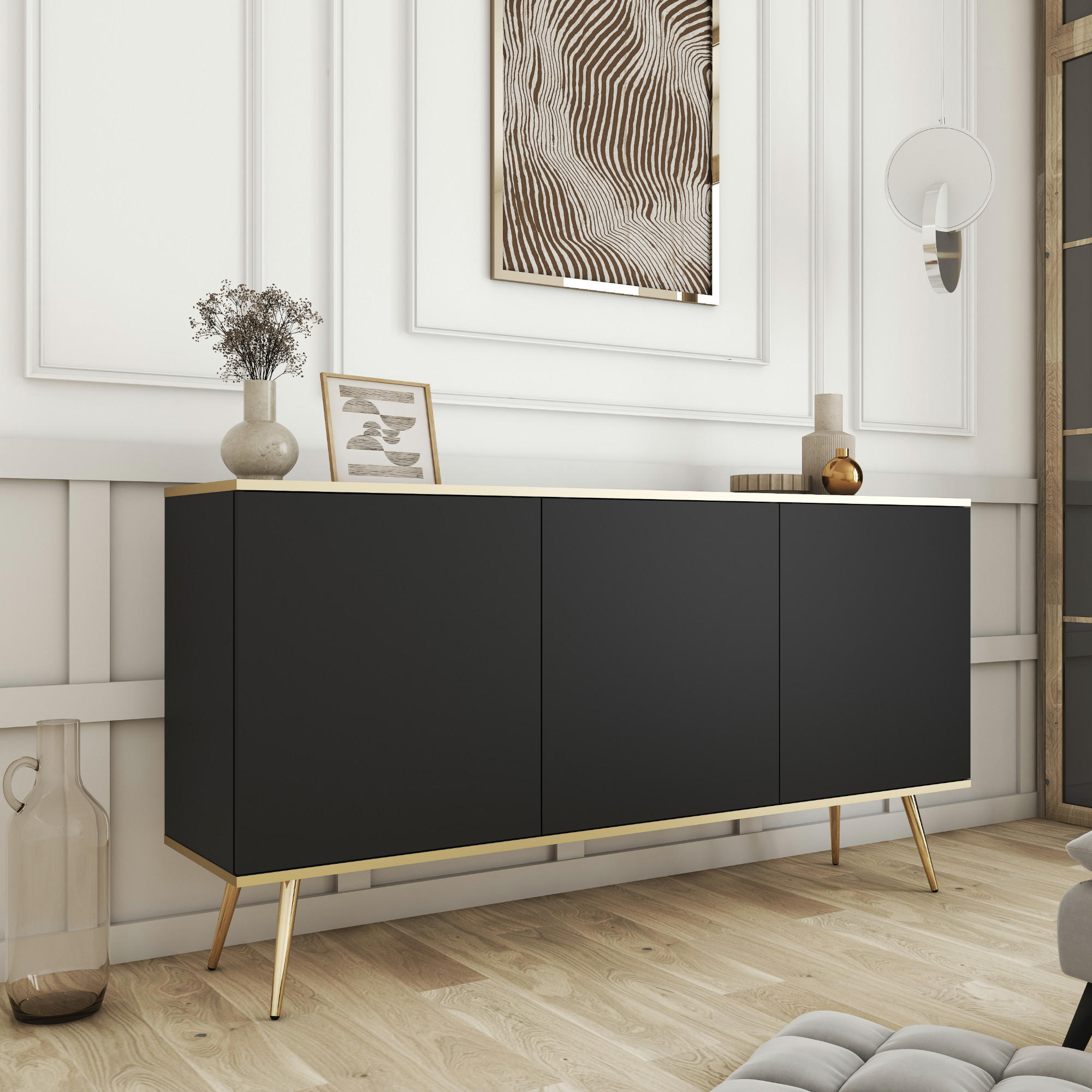 SIDEBOARD BANFF KOM1-3D Goldene Metallbeine, Schwarz - Schwarz, Holzwerkstoff/Kunststoff (160/85/39cm) - Komodee
