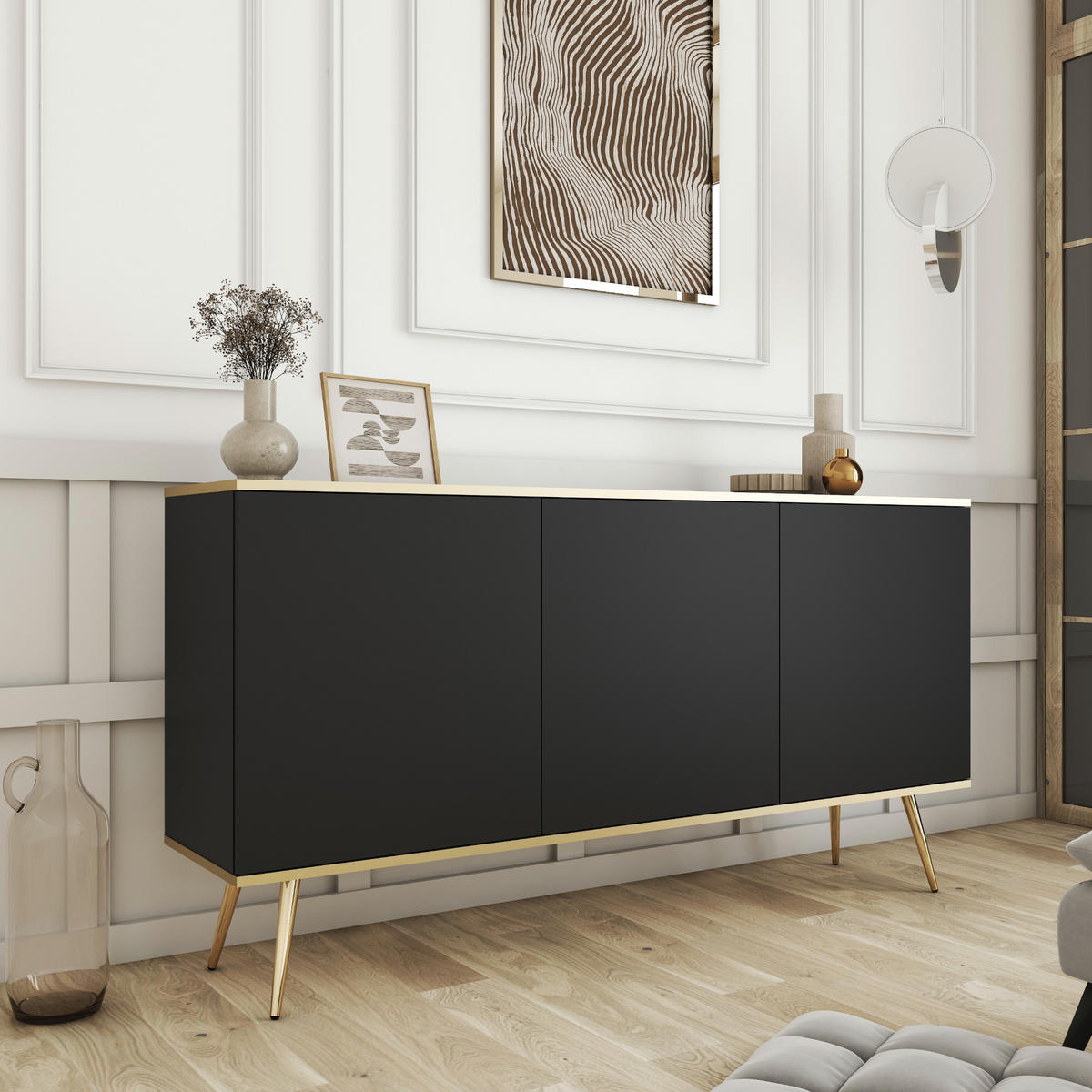SIDEBOARD BANFF KOM1-3D Goldene Metallbeine, Schwarz - Schwarz, Holzwerkstoff/Kunststoff (160/85/39cm) - Komodee