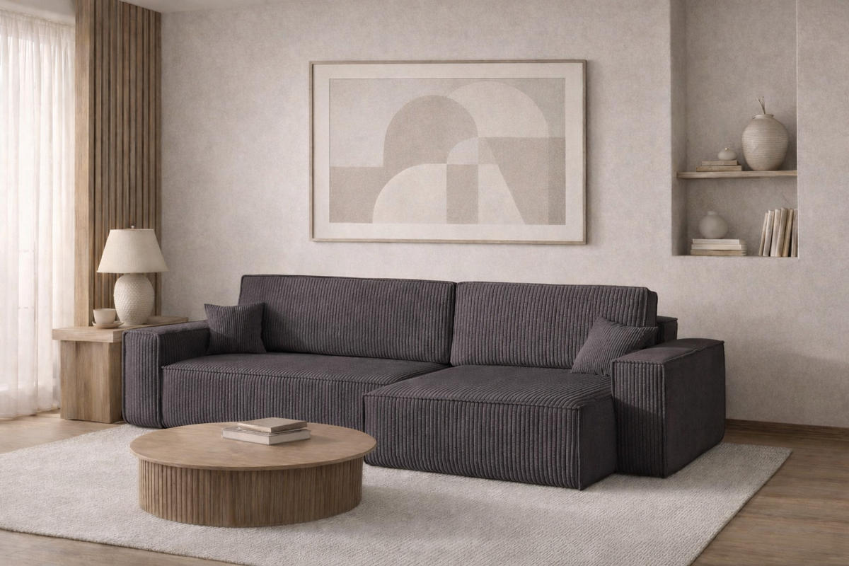 ECKSOFA Mit Schlaffunktion Und Bettkasten, Eckcouch BEST XL Stoff Poso Dicker Cord Dunkelgrau Rechts - Dunkelgrau/Schwarz, Holz/Kunststoff (274/83/142cm) - Kaiser Möbel