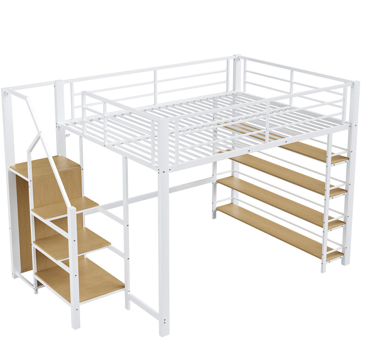 HOCHBETT 140/200 cm aus Metall mit Stauraumtreppe, Regalen und Garderobe, Weiß - Weiß, Holzwerkstoff (140/200cm) - Redom