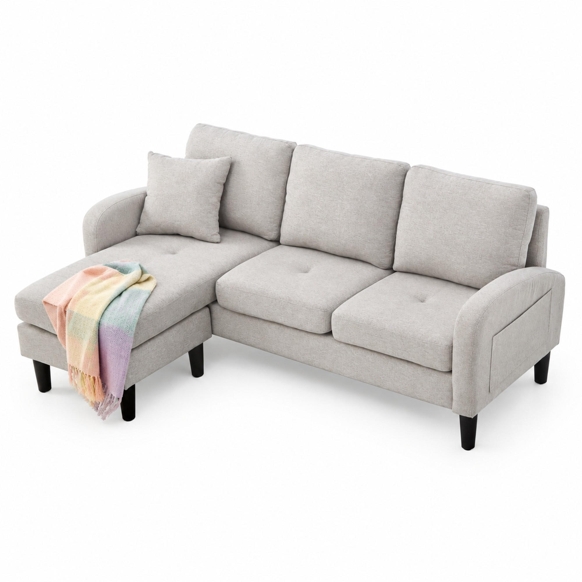 ECKSOFA mit Baumwoll-Leinen-Bezug Beige-Grau/Weiß 166x118x77 cm mit flexibler Chaiselongue - Weiß, Kunststoff (118/166cm) - IVMEU