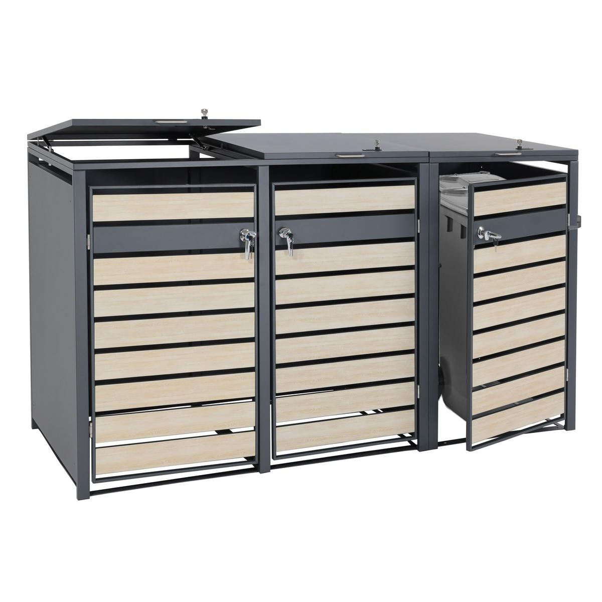 MÜLLTONNENBOX 3er/6er XL 117x215x98cm Metall 95kg Anthrazit Buche-Holzoptik Hellbraun - Hellbraun, Metall (215/117/98cm) - PROREGAL