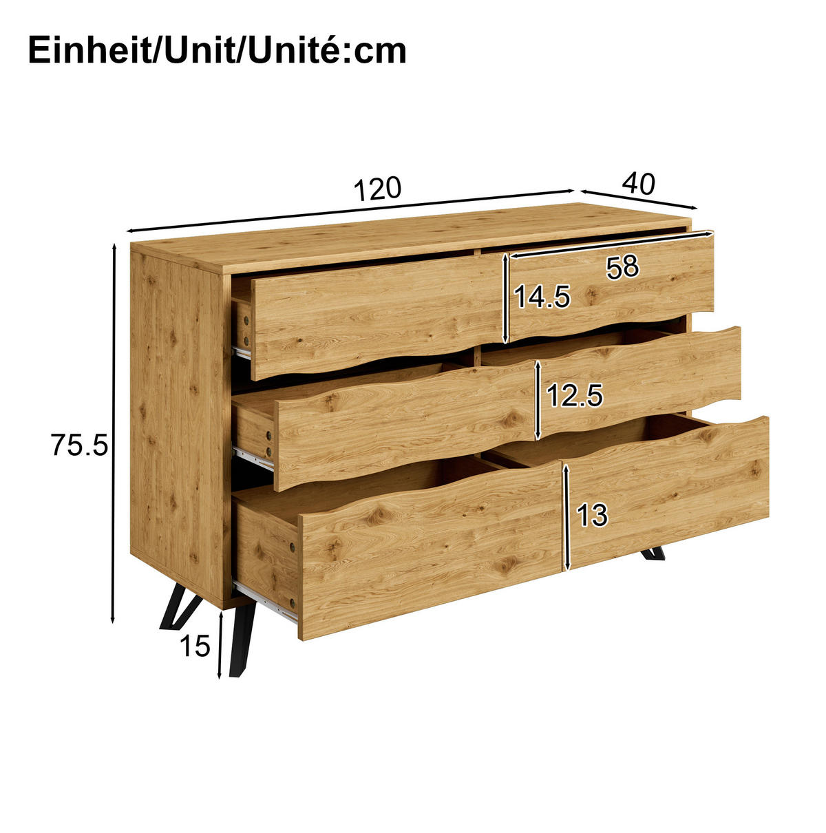 SIDEBOARD 120/40/75.5 cm Holzfarbe aus Spanplatte mit 6 Schubladen - Naturfarben, Holzwerkstoff (40/75.5/120cm) - OKMYHOME