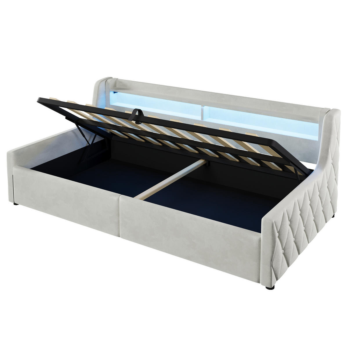 POLSTERBETT 90/200 cm Off White mit LED und Bettkasten ohne Matratze - Beige, Textil (90/200cm) - MIVRAY