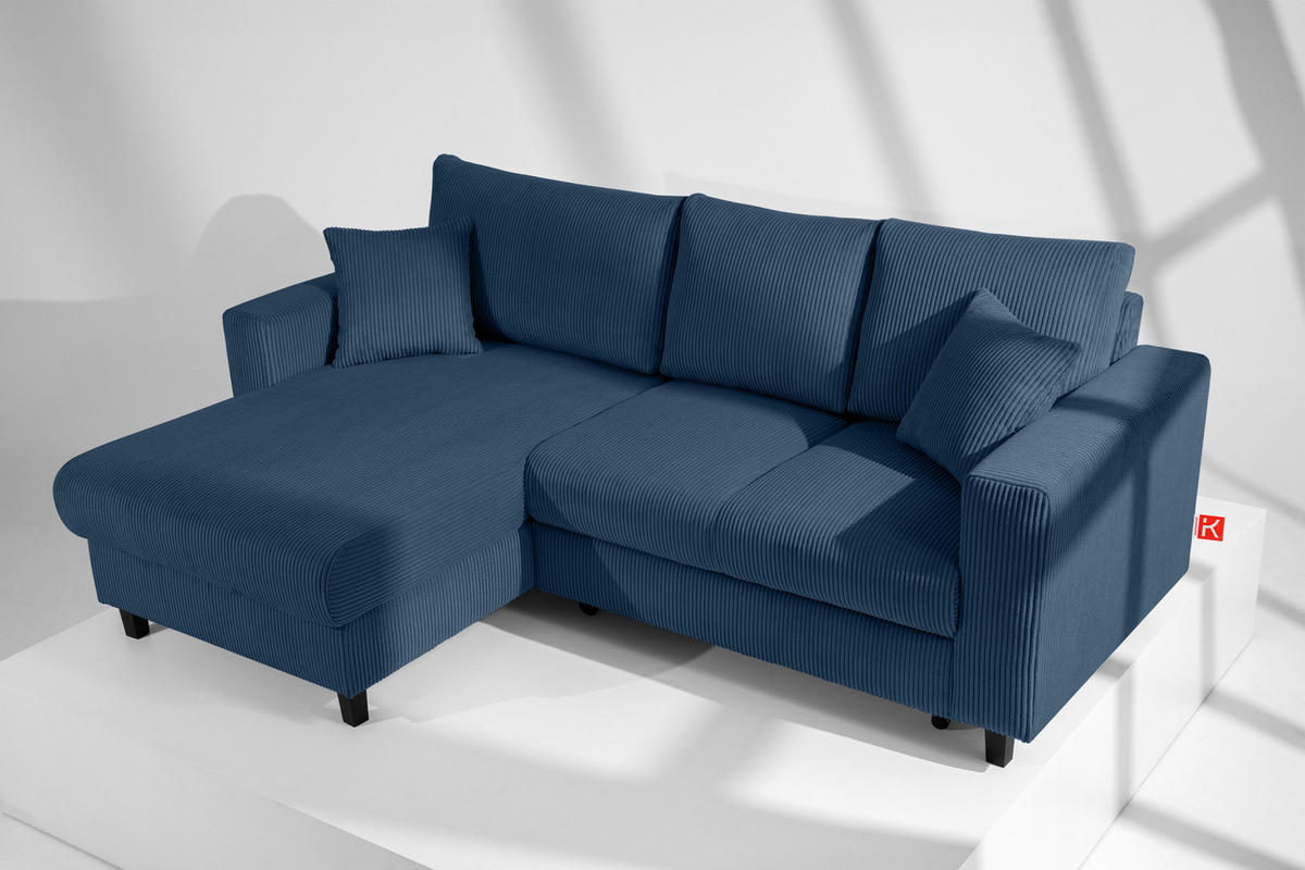 ECKSCHLAFSOFA EGRET Links mit Bettkasten, Cord-Stoff, marineblau - Blau/Grün, Textil (234/90cm) - KONSIMO®