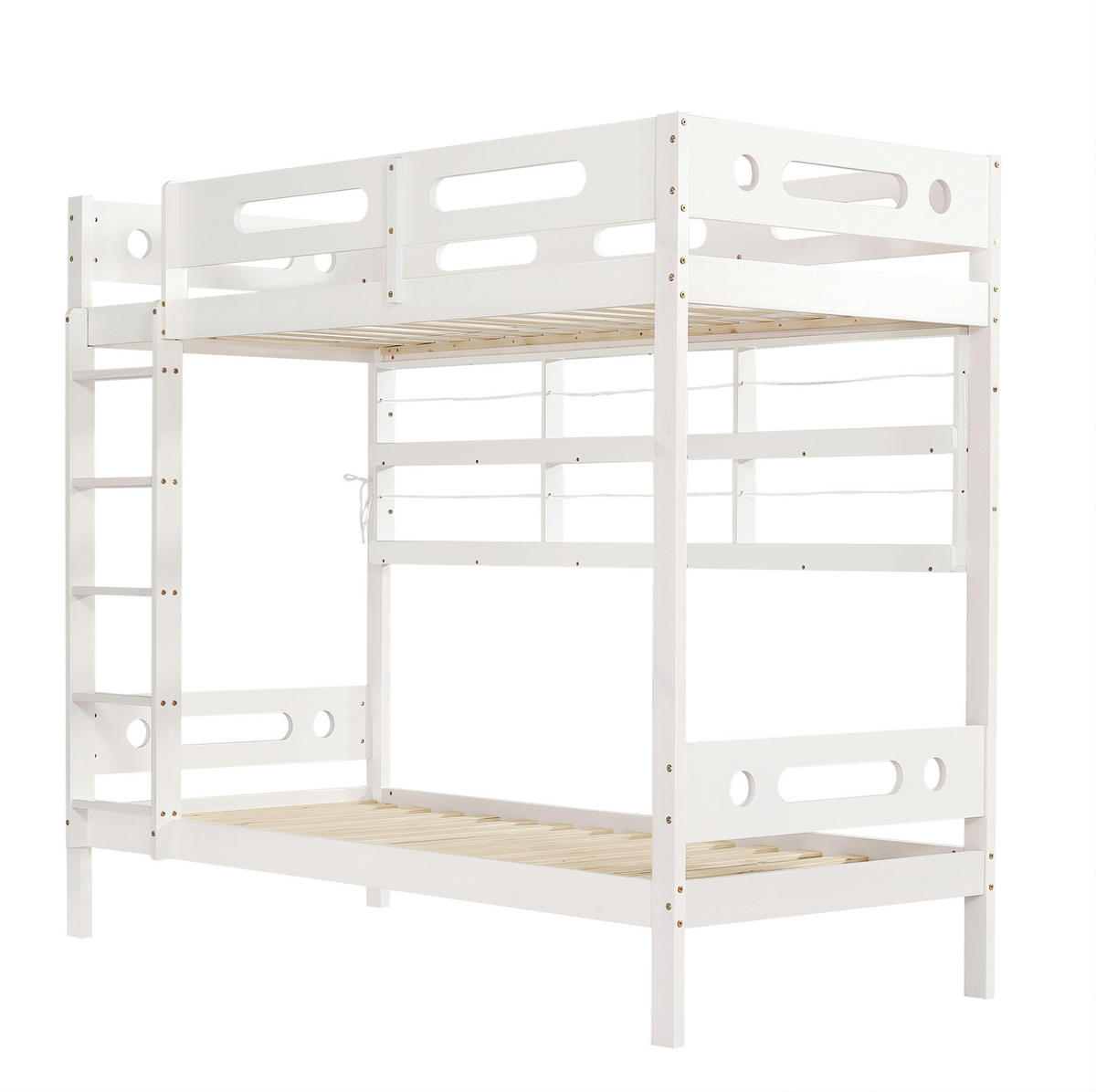 ETAGENBETT aus Kiefernholz und MDF 90x200 cm Weiß/Natur mit Regal, Fallschutz und 5-stufiger Leiter - Weiß, Holzwerkstoff (90/200cm) - IVMEU