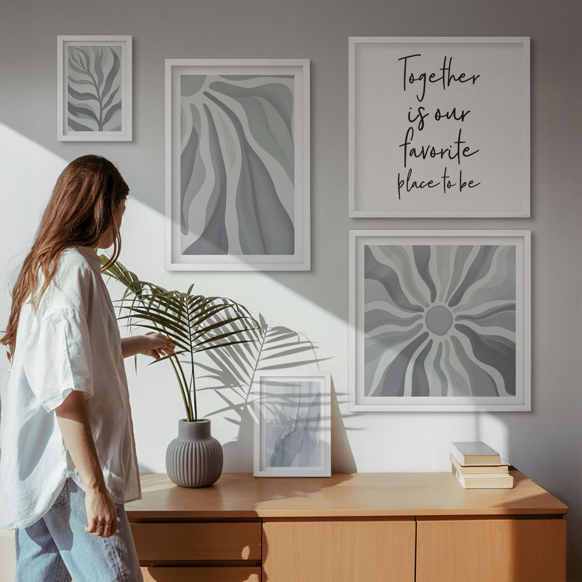 BILDER SET 5er Set - 50x50 cm & 20x30 cm & 40x60 cm Weißer Rahmen - Illustrationen mit floralen Pastellmustern - Weiß, Kunststoff (40/60cm) - TULUP
