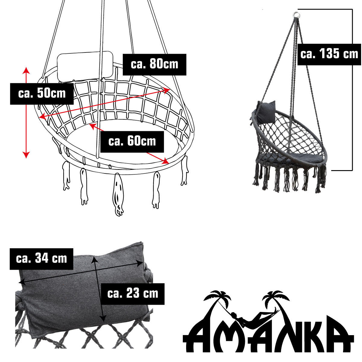 HÄNGESESSEL bis 120kg, 80/80/50cm, Grau - Grau, Naturmaterialien (60/50/80cm) - Amanka