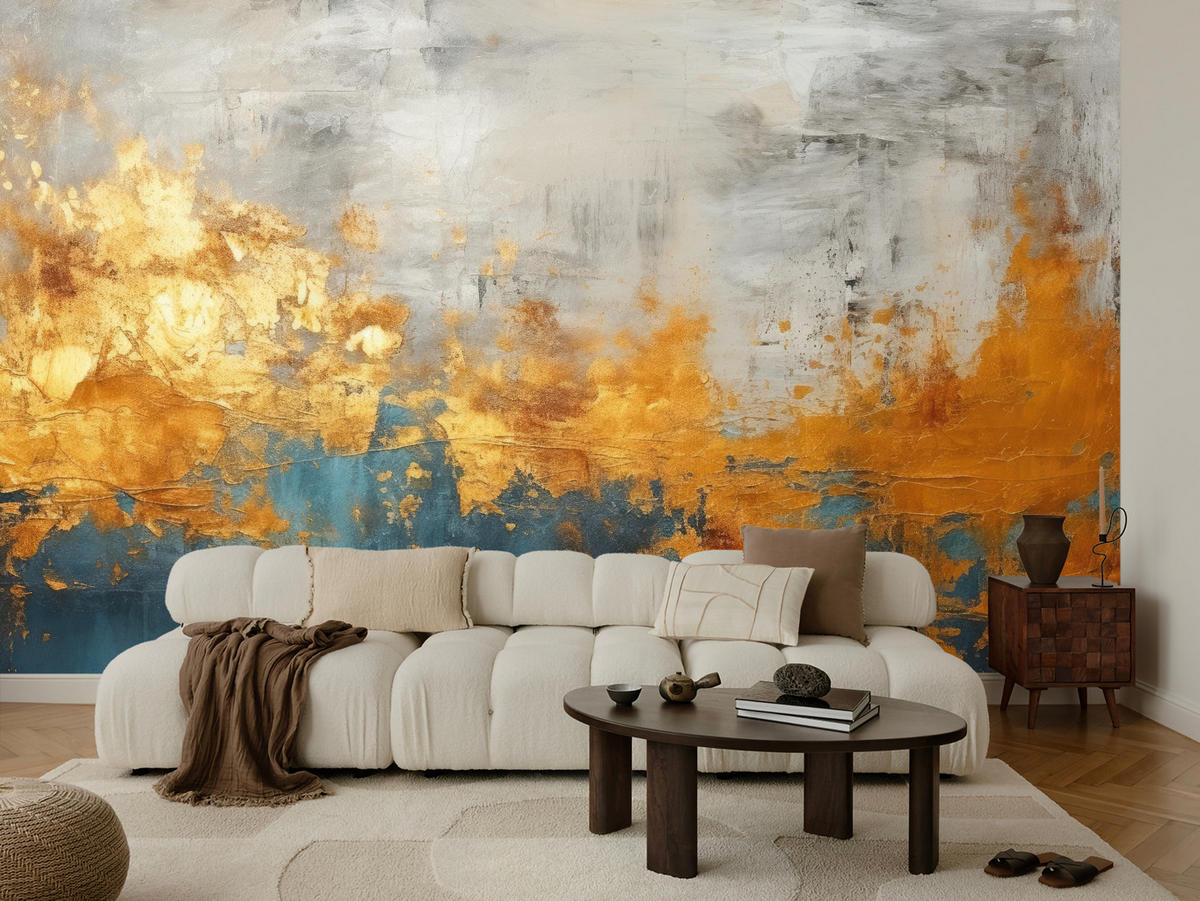 FOTOTAPETE für Badezimmer Abstrakter Beton Gold Mauer 350x256 - Türkis/Goldfarben, Papier (350/256cm) - Muralo