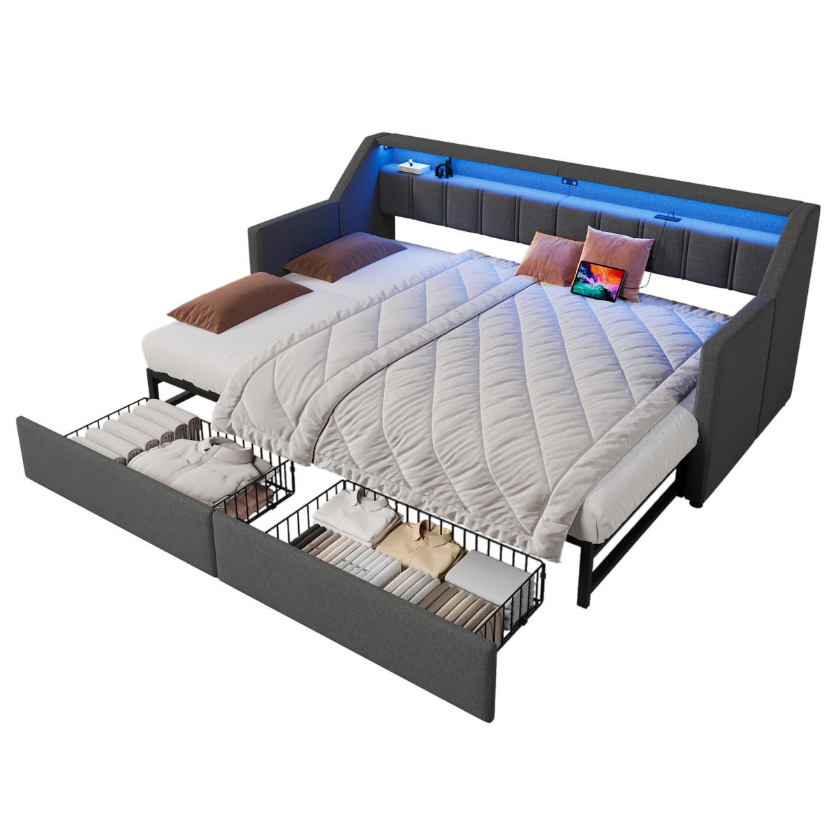 TAGEBETT 90x200cm Grau USB-C LED-Leiste 2 Schubladen Ausziehbett - Grau, Holz (90/200cm) - FLIEKS