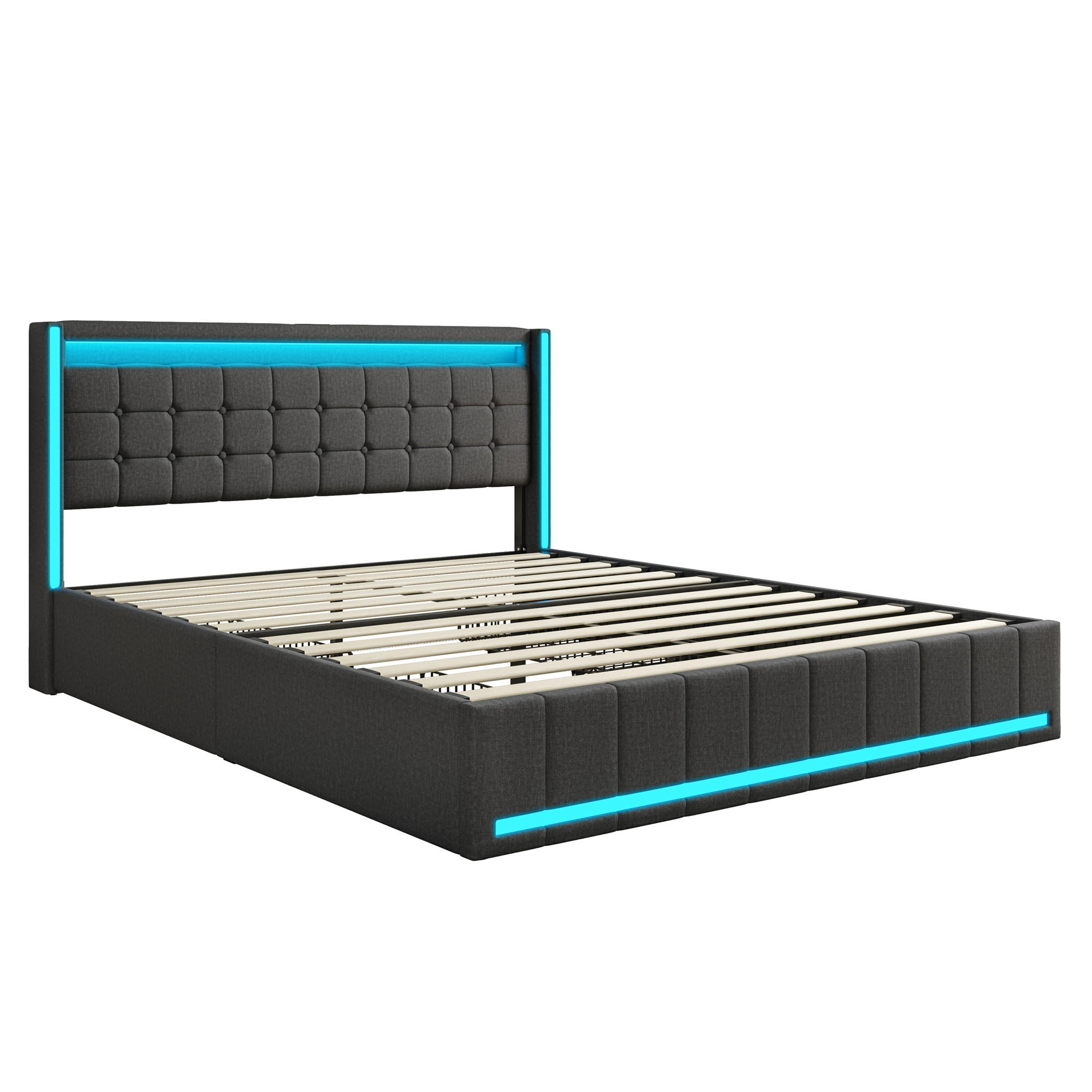 ČALOUNĚNÁ postel 140x190 cm s LED osvětlením, USB portem, 4 zásuvkami a výklopným čelem, šedá