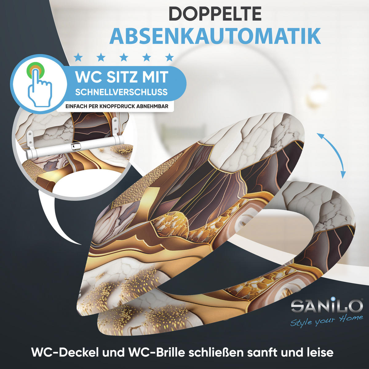 WC-SITZ mit Absenkautomatik & Top Fix Marmor Gold - Weiß, Holzwerkstoff (37.7/5/48cm) - Sanilo