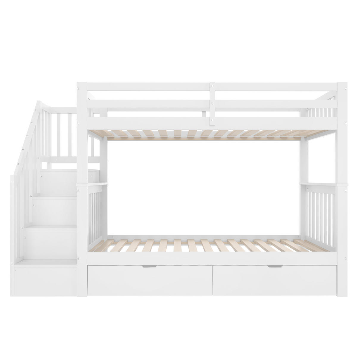 ETAGENBETT aus Kiefernholz und MDF 90x200 cm Weiß mit Treppenregal, 2 Schubladen und hohem Sicherheitsgeländer - Weiß, Holzwerkstoff (90/200cm) - Modfu