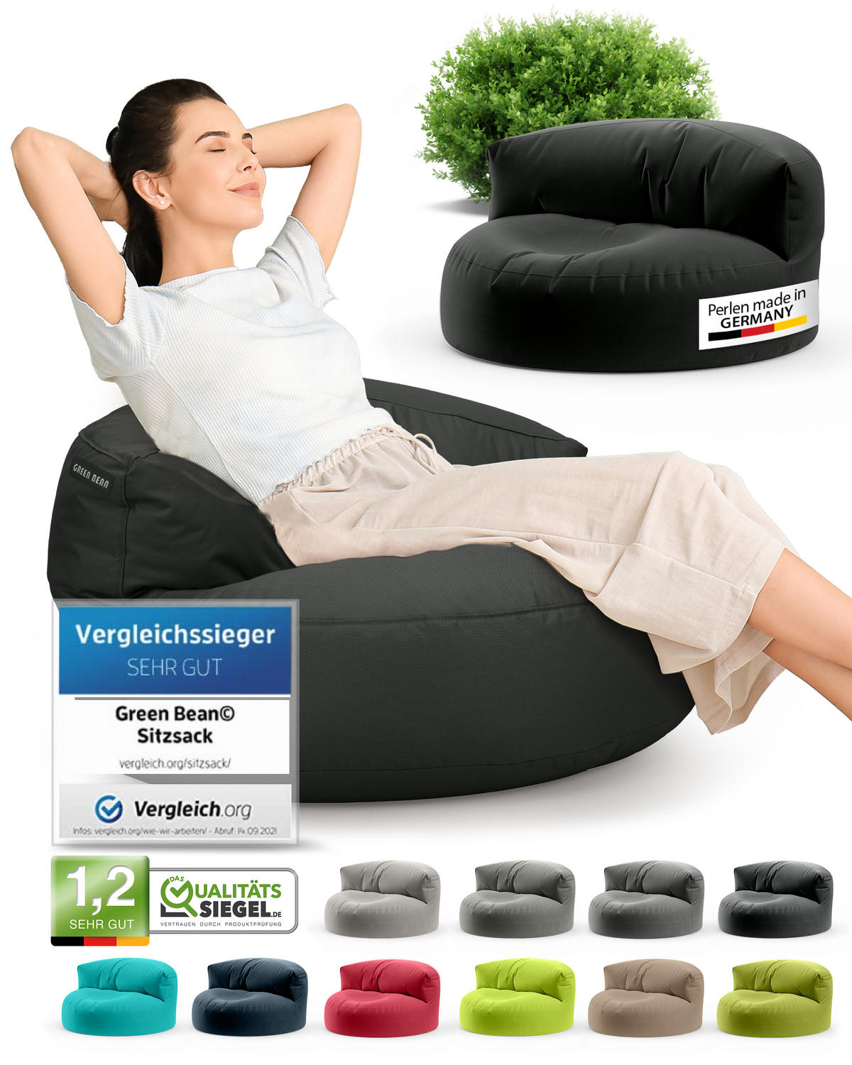 INDOOR OUTDOOR SITZSACK Lounge Sofa - Schwarz, Textil (90/50/50cm) - Green Bean