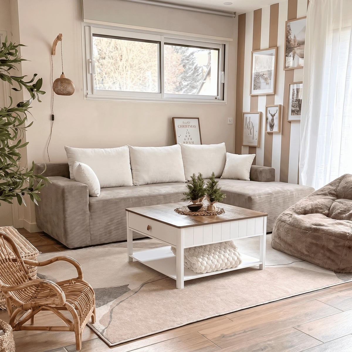 ECKSOFA Luna Sand Weiß 3-Sitzer Rechts - Beige/Weiß, Textil (267/175cm) - COCO Living