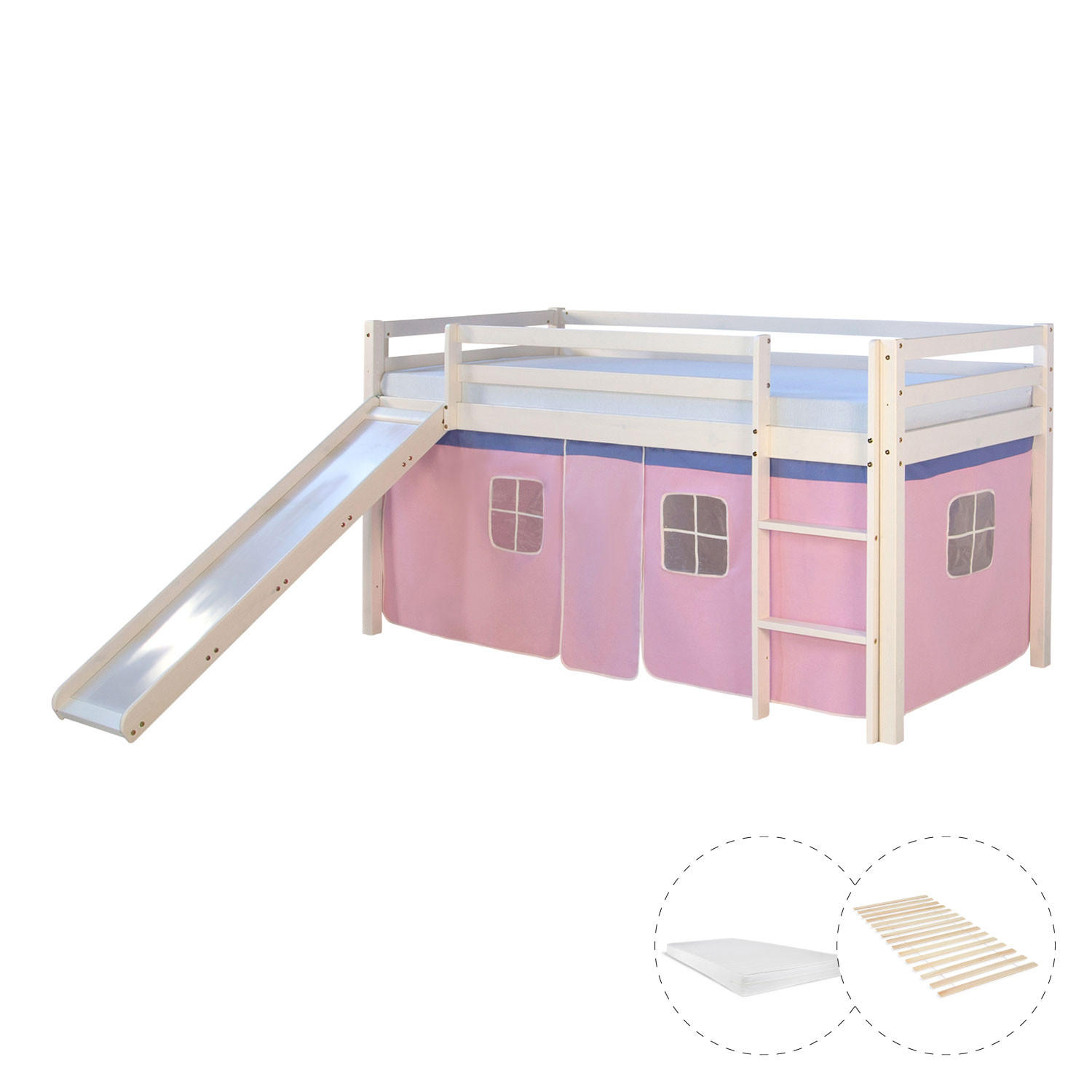 HOCHBETT 90/200 cm in weiß mit Lattenrost + Matratze - Weiß/Rosa, Holz - Homestyle4u