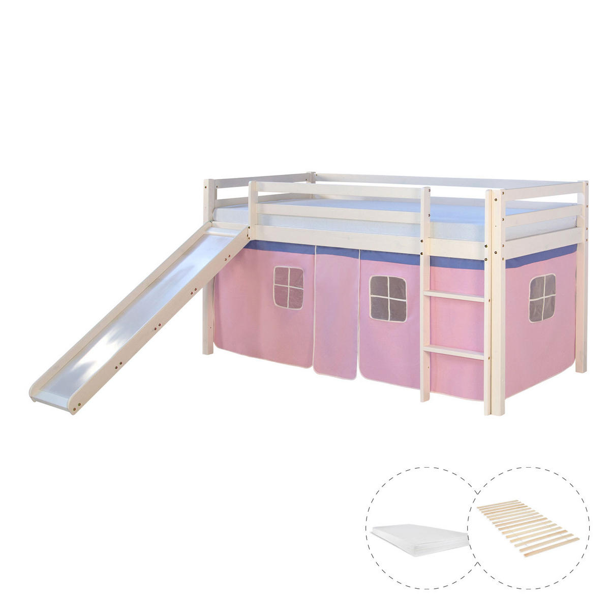 HOCHBETT 90/200 cm in weiß mit Lattenrost + Matratze - Weiß/Rosa, Holz - Homestyle4u