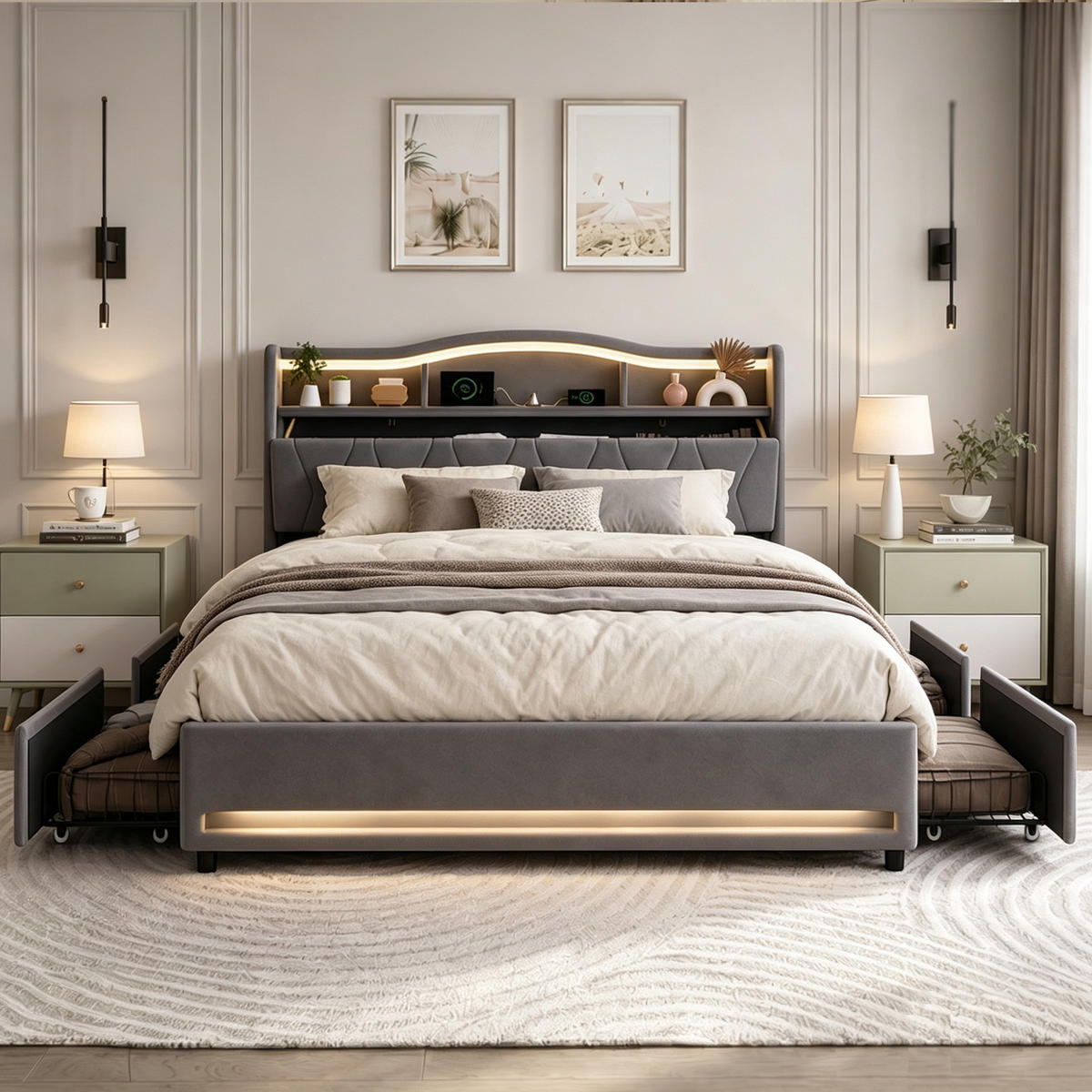POLSTERBETT 140x200 mit stauraum, doppelbett mit LED, 4 Schubladen, Lattenrost, USB, Kopfteil, Samtstoff, Grau - Grau, Holz/Textil (140/200cm) - GENKI LIVING