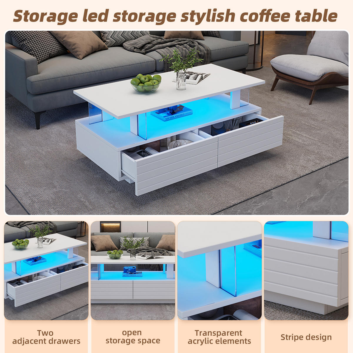 COUCHTISCH in Weiß Wohnzimmertisch mit Schubladen, LED, B100/T50/H42.5cm - Weiß, Kunststoff (50/100/42.5cm) - STILVORA