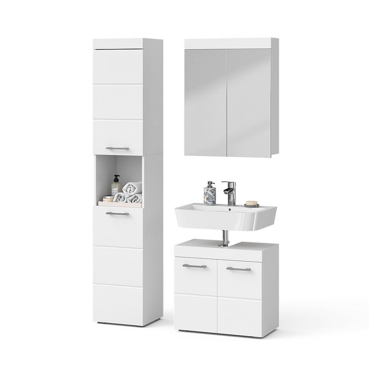 BADMÖBEL-SET Luna Weiß 3 Teile, mit Hochschrank - Weiß, Holzwerkstoff (60/56/34cm) - Vicco