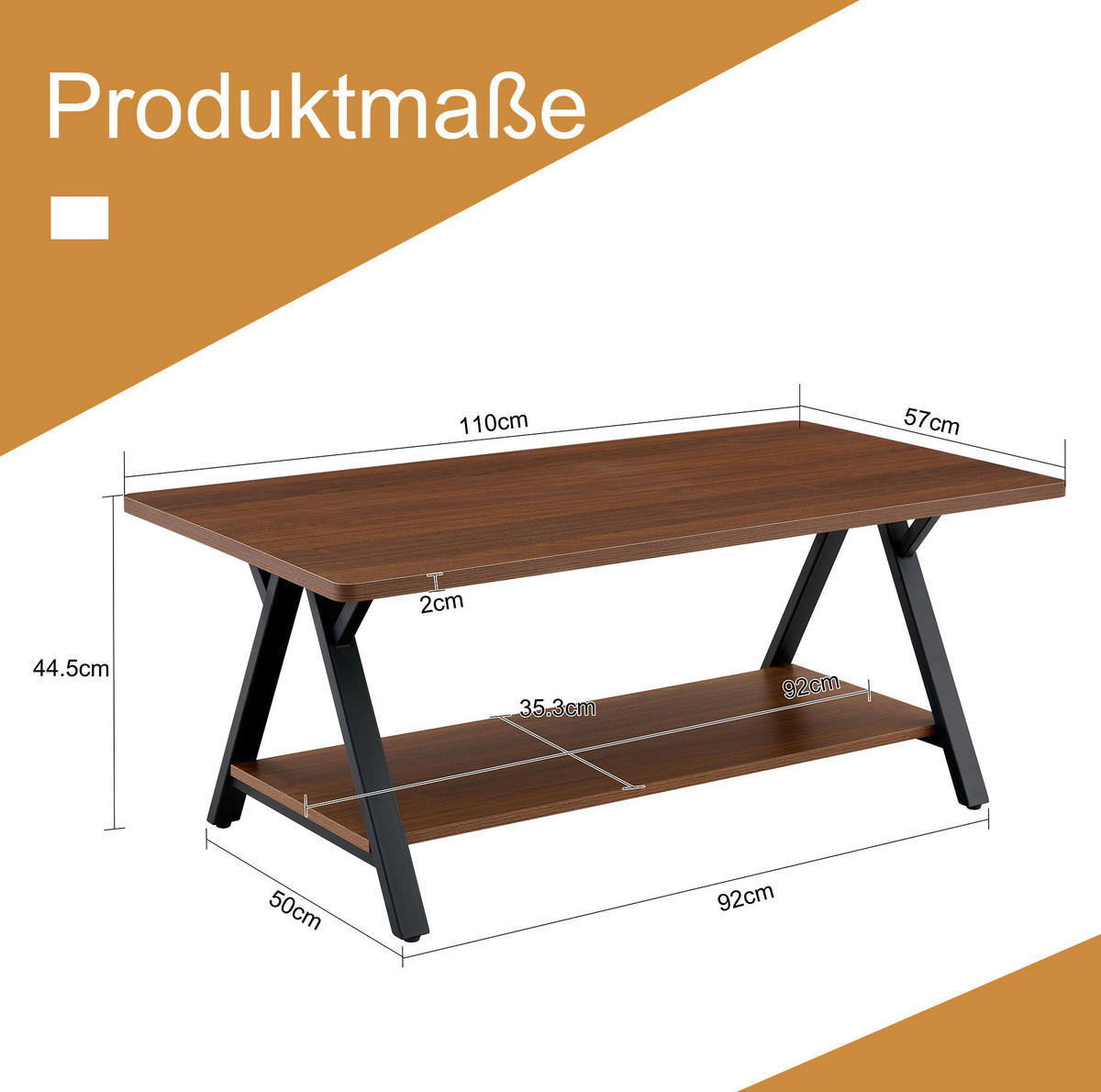 COUCHTISCH 110/57/44,5 cm mit Ablage im industriellen Design, Walnuss - Walnussfarben, Holzwerkstoff (110/57/44.5cm) - Redom