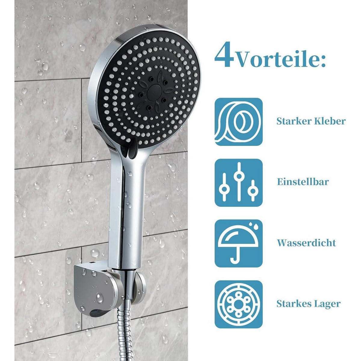 HANDBRAUSE Set mit 6 Strahlarten und 1,6m Schlauch - Silberfarben, Metall (5.5/12.7/23cm)