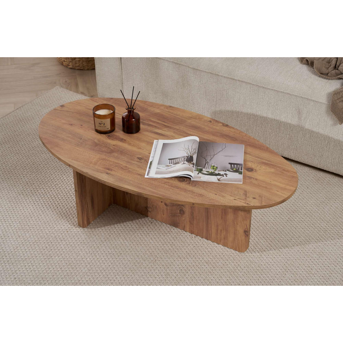 COUCHTISCH mit ovaler Platte L125 cm 65/120/40 cm - Kieferfarben, Holzwerkstoff (70/65/40cm) - Calicosy