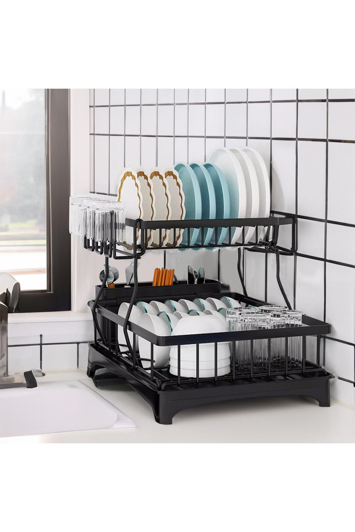 GESCHIRRABTROPFGESTELL 2-stufige aus Kohlenstoffstahl mit Besteckhalter aus PP und einem Becherhalter 49 x 30 x 34 cm - Schwarz, Metall (49/43/30cm) - Livingandhome