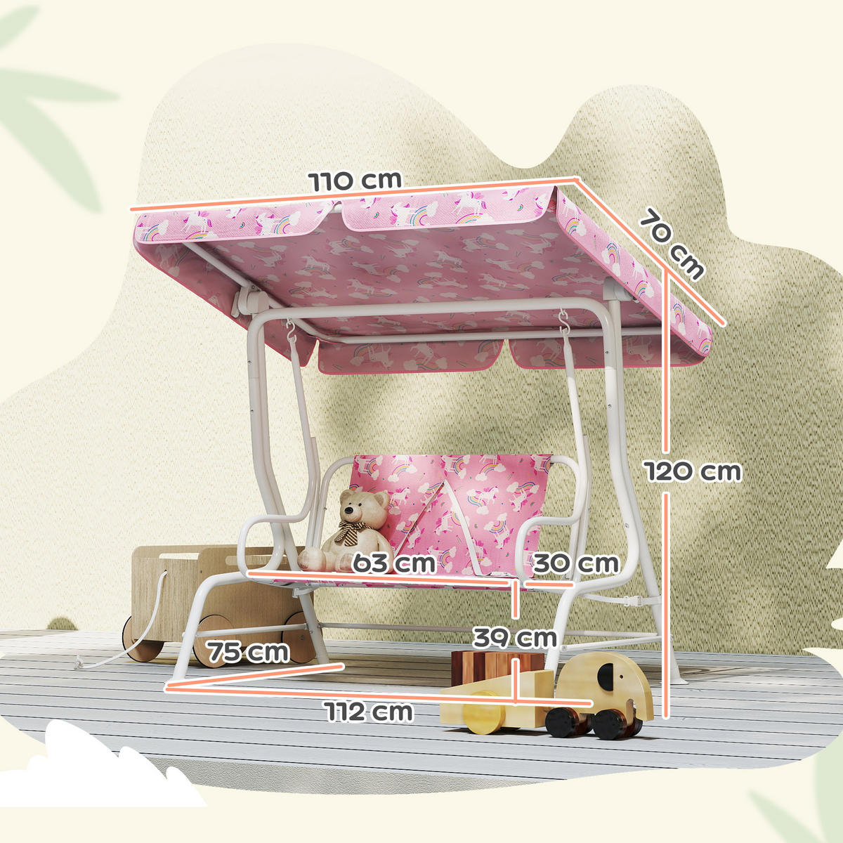 KINDER Hollywoodschaukel, 2-Sitzer Kinderschaukel mit verstellbarem Sonnendach - Rosa/Weiß, Textil/Metall (75/120/112cm) - AIYAPLAY