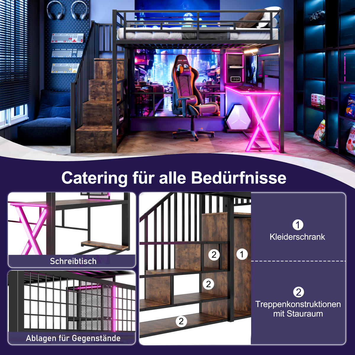 HOCHBETT 140/200 cm in Schwarz mit LED, Ablageleiter, Schreibtisch und Kleiderschrank - Schwarz, Holzwerkstoff/Metall (140/200cm) - WISHDOR