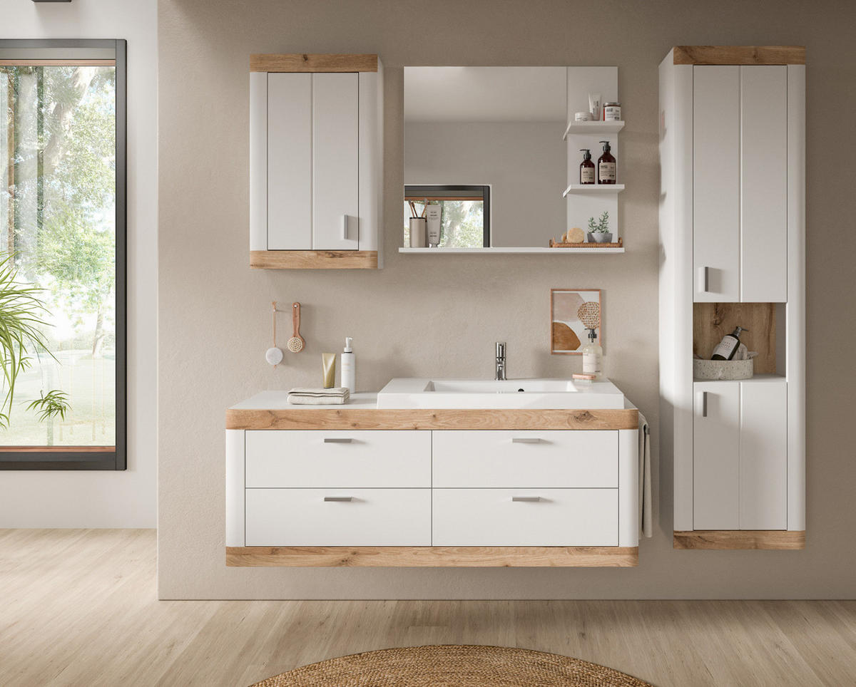 BADMÖBEL-SET 5-teilig weiß, Eiche 193 cm, Kombination mit Soft-Close - Eichefarben/Weiß, Holzwerkstoff (192/172/48cm) - Inn.Furn
