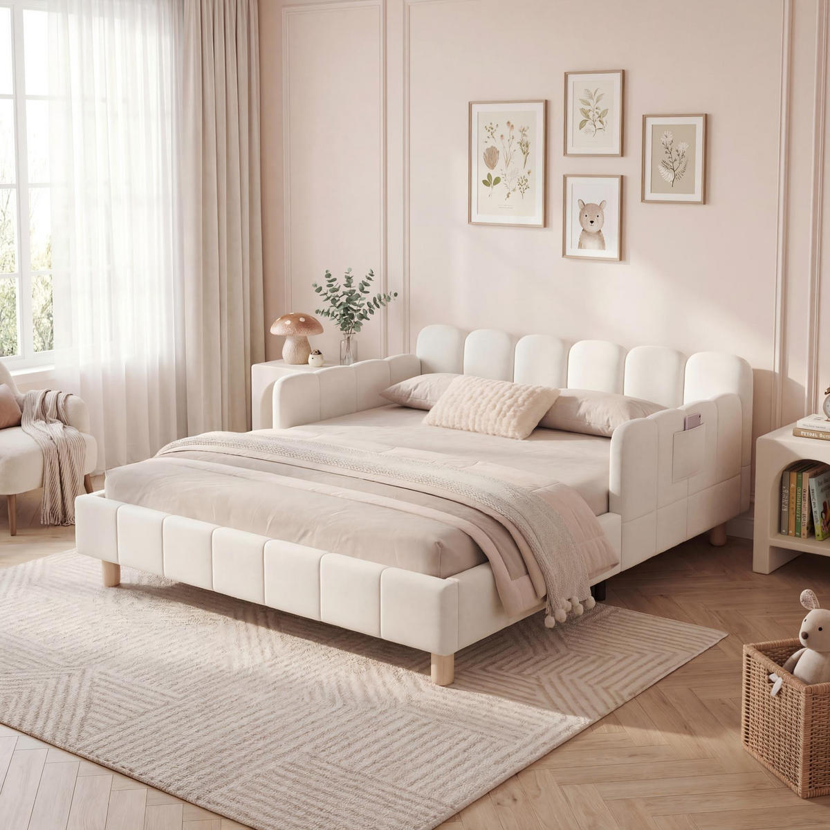 KINDERBETT 140/200 cm in Beige Samt mit Taschen - Beige, Holzwerkstoff/Textil (140/200cm) - WISHDOR
