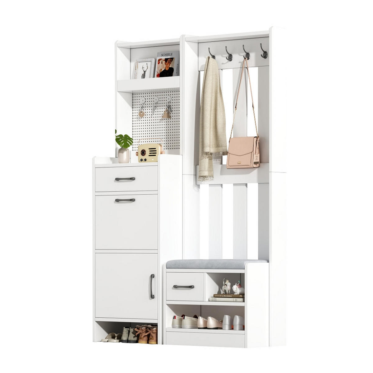KÜCHENSCHRANK 7-in-1 Multifunktion, mit Schuhbank und Lochwand, Weiß, 110/175,5/35 cm - Weiß, Kunststoff (35/175.5/110cm) - Rolipo