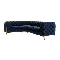 ECKSOFA Chesterfield Lexi Marineblau Samt, Ottomane links - Goldfarben/Dunkelblau, Holz/Textil (264/204cm) - S-Style Möbel