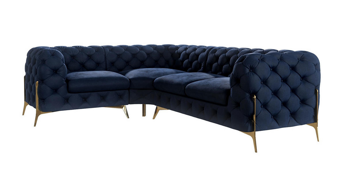 ECKSOFA Chesterfield Lexi Marineblau Samt, Ottomane links - Goldfarben/Dunkelblau, Holz/Textil (264/204cm) - S-Style Möbel